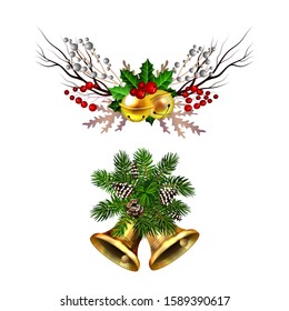 Christmas decorations with fir tree golden jingle bells