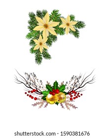 Christmas decorations with fir tree golden jingle bells