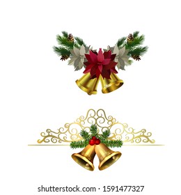 Christmas decorations with fir tree golden jingle bells