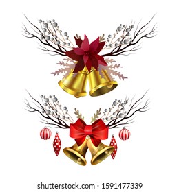 Christmas decorations with fir tree golden jingle bells