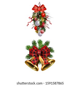 Christmas decorations with fir tree golden jingle bells