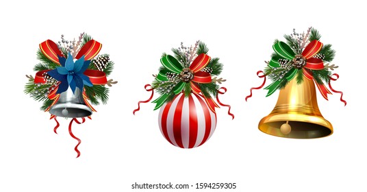 Christmas decorations with fir tree golden jingle bells