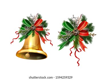 Christmas decorations with fir tree golden jingle bells