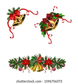 Christmas decorations with fir tree golden jingle bells