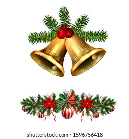 Christmas decorations with fir tree golden jingle bells