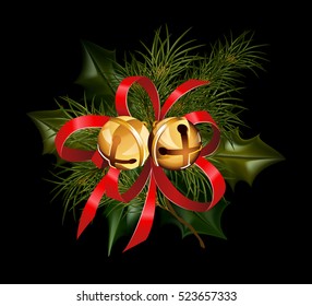 Christmas decorations with fir tree golden jingle bells and decorative elements. vector illustration