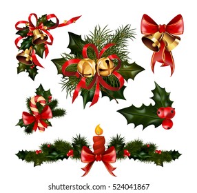 Christmas decorations with  fir tree golden jingle bells and  decorative elements. Vector illustration