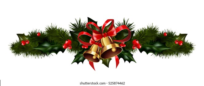 Christmas decorations with fir tree golden jingle bells and decorative elements. vector illustration