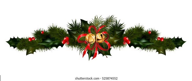 Christmas decorations with fir tree golden jingle bells and decorative elements. vector illustration