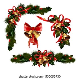 Christmas decorations with fir tree golden jingle bells and decorative elements. vector illustration