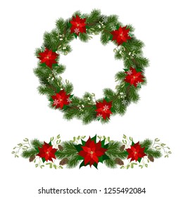 Christmas decorations with fir tree, holly, berries and decorative elements. Design element for Christmas decoration. Vector illustration