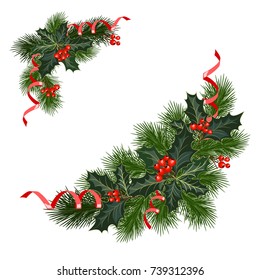 Christmas decorations with fir tree, holly, berries and decorative elements. Design element for Christmas decoration. Vector illustration