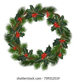 Christmas decorations with fir tree, holly, berries and decorative elements. Design element for Christmas decoration. Vector illustration