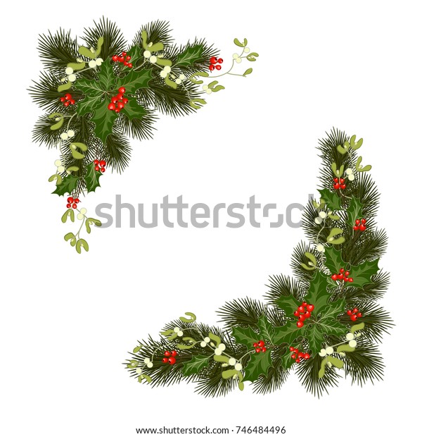 クリスマスの飾りに モミの木 ヒラギ ベリー ヤドリギ 装飾品がついています クリスマスデコレーションのデザインエレメント ベクターイラスト のベクター画像素材 ロイヤリティフリー