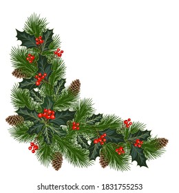 Christmas decorations with fir tree, pine cones, holly, berries and decorative elements. Design element for Christmas decoration. Vector illustration