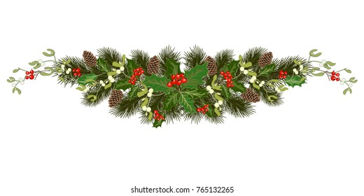 Christmas decorations with fir tree, pine cones, holly, berries and decorative elements. Design element for Christmas decoration. Vector illustration