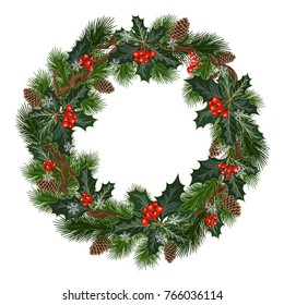 Christmas decorations with fir tree, pine cones, holly, berries and decorative elements. Design element for Christmas decoration. Vector illustration