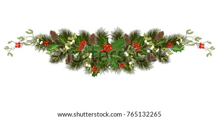 Christmas decorations with fir tree, pine cones, holly, berries and decorative elements. Design element for Christmas decoration. Vector illustration