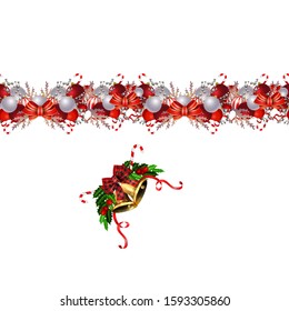 Christmas decorations with fir tree and decorations seamless border