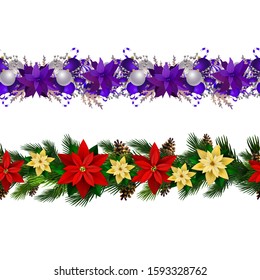Christmas decorations with fir tree and decorations seamless border