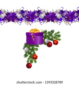 Christmas decorations with fir tree and decorations seamless border