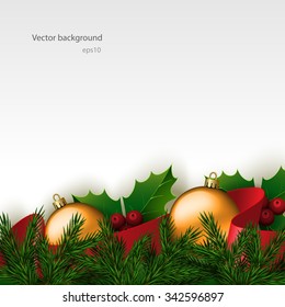 Christmas decorations with fir twigs and gold balls on white background. Vector illustration