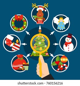 Christmas decorations flat composition with magnifier in hand, xmas tree, holiday elements on blue background vector illustration
