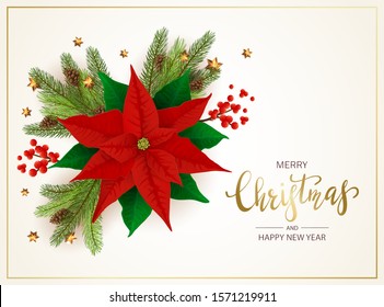 Christmas decorations with flower red poinsettia, holly berries and Christmas tree branches on white background. Illustration can be used for holiday design, cards, invitations, postcards and banners.