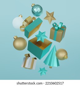Christmas decorations flying composition. Realistic 3d white gold and  turquoise trendy festive background.Christmas tree, bauble balls, stars and gift boxes. Vector illustration for your design.