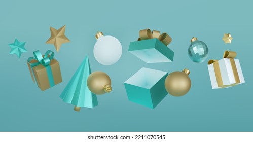 Christmas decorations flying composition. Realistic 3d white gold and  turquoise trendy festive background.Christmas tree, bauble balls, stars and gift boxes. Vector illustration for your design.