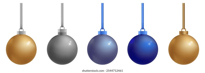 Christmas decorations in the form of five balls with glitter realistic 3d design set. Xmas decorations. Christmas balls in glitter. New Year Holiday Elements Round Ornaments. Template for your design