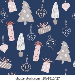 Christmas decorations   gifts seamless pattern  Winter holidays background in Scandinavian Style  Cute Vector hand draw illustration for fabric  wrapping paper  postcard design 
