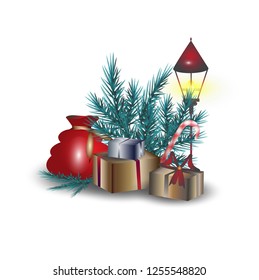 Christmas decorations, gifts under the tree on a white background.