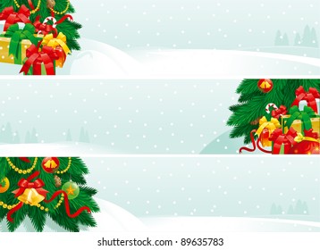 Christmas decorations and Christmas gifts. Vector banners of christmas fir tree with baubles and gift boxes on winter landscape.