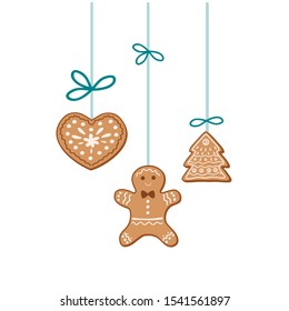 Christmas decorations. Gingerbread cookies. Vector freehand illustration.