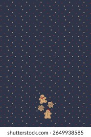 Christmas decorations. Gingerbread cookies. Vector freehand illustration on star, doted with blue background.