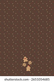 Christmas decorations. Gingerbread cookies. Vector freehand illustration on star, doted with brown background.