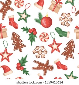 Christmas decorations, gingerbread men and gifts on a white background. Seamless pattern