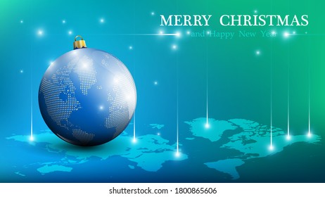 Christmas decorations, glass balls. Christmas, New Year greeting card design, holiday banner. Decorations, shiny glass balls on the background of the continents of the Earth. Realistic vector