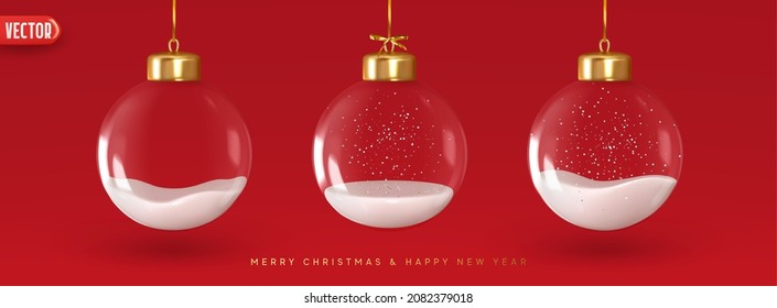 Decoraciones navideñas de vidrio de baudias transparentes bolas dentro de la nieve, cuelgan de la cinta dorada, aislados en el fondo rojo. Diseño 3d realista de elementos de decoración navideña. ilustración vectorial