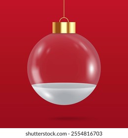 Christmas decorations glass baubles transparent balls inside snow on red background. Realistic 3d design of elements of Christmas decorations. vector illustration