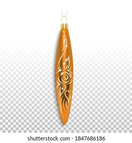 Christmas decorations - glitter icicles. Golden bright Christmas tree toy. 3d realistic illustration Isolated on transparent background. Vector.