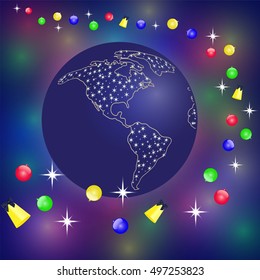 christmas decorations and globe on bokeh background. vector stock