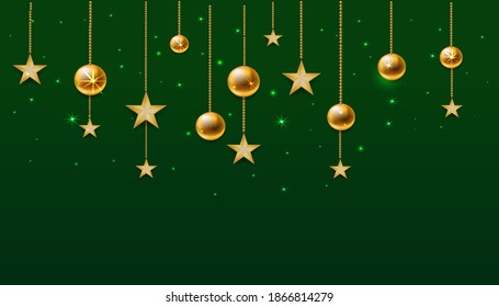 Christmas decorations. Golden balls and stars hang on a string. Sparks shine all around.