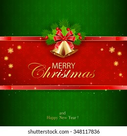 Christmas decorations with golden bells, red bow, holly berry and fir tree branches on green background, illustration.