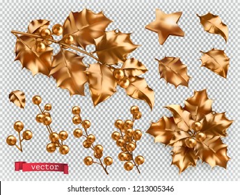 Christmas decorations. Golden holly 3d realistic vector icon set