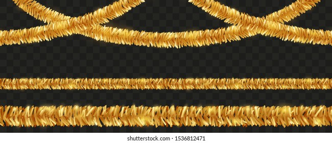 Christmas decorations golden tinsel, isolated vector.