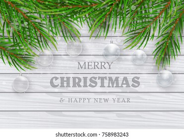 Christmas decorations. Green branches of a Christmas tree with transparent balls on a tree background. Vector Eps10