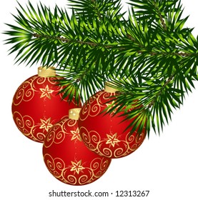 Christmas decorations Green tree branch decorated with colourful balloons. on a white background Vector (See Jpeg Also In My Portfolio)