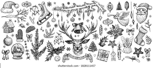 Christmas decorations, hand drawn vector elements. Rustic winter sketch. Traditional Christmas, vintage style. Pine branches, deer head, angel, bell and other celebration sketches.